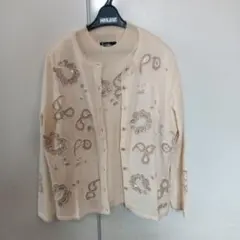 美品ビーズ スパンコール刺繍アイボリー長袖アンサンブル　セーター　カーディガン