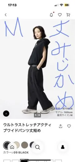 丈短め！！ウルトラストレッチアクティブ ワイドパンツ M ブラック