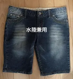 デニムショートパンツ ダークブルー刺繍