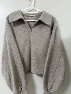 ベージュ 襟付きクロップドニット