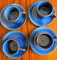 プロバンス　テール　青い陶器製エスプレッソカップ・ソーサー4個セット