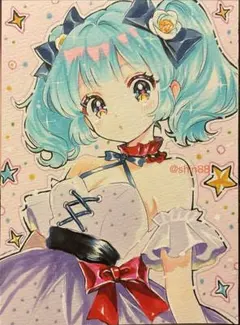 手描きイラスト オリジナル アナログ 色紙 原画 ツインテール 猫