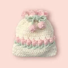 チューリップ　巾着　ベビーピンク×オフホワイト　編み物　ポーチ　かぎ編み