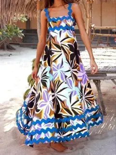 ノースリロングワンピース⭐️ハワイアン フラダンス⭐️ドレス 青 ブルー