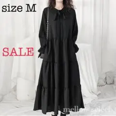 大人気 ふんわり ティアード ワンピース ロング 体型カバー Aライン 黒