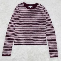カルヴェン　ボルドー/ホワイト　ストライプ　長袖ニット　【S】　ボタンデザインのサムネイル