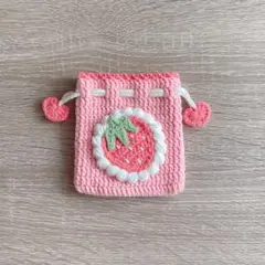 【No.4】かぎ編み、ポーチ、ミニ巾着、巾着袋、ハンドメイド、ピンクいちご