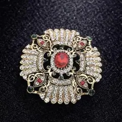 ヴィンテージ調 ブローチ 赤ストーン ゴールド 豪華 キラキラ 高見え 上品
