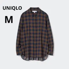 美品 UNIQLO M ブラウン コットン シアー チェックシャツ 透け感