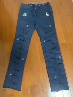 【伊太利屋】ラインストーン デザインパンツ 猫/兎刺繍 ダメージ加工風サイズ 7
