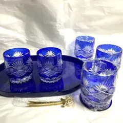 手作り切子　ビール水割りセット　青色ガラスグラスセット マドラー　トレーセット