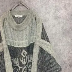 90s vintage 総柄ニット　メンズ　L 個性派　グレー　古着　ウール