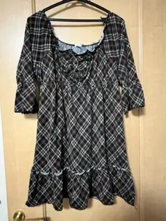 チェック柄フリル付き五分袖ミニワンピース