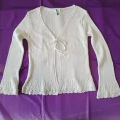 ラメ入り　ホワイトリブ編みカーディガン　日本製　サイズM 訳あり