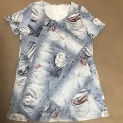 美品★レディース　リツコ　シラハマ　半袖Tシャツ 淡いブルーデニム柄★Mサイズのサムネイル