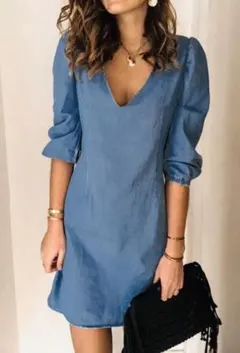 【新品】⭐︎デニムワンピース⭐︎カジュアルVネック　ドレス　インポート　インディゴ