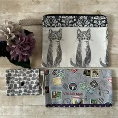布小物3点セット ネコ白.きのこ.ハリネズミ.ポーチ.マルチケース.カードケース
