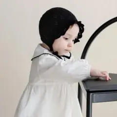 ベビーボンネット ベビー帽子 黒色 46-48cm 3-12m
