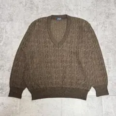 00‘s vintage Vネックニットセーター 総柄 ブラウン L 毛100%のサムネイル