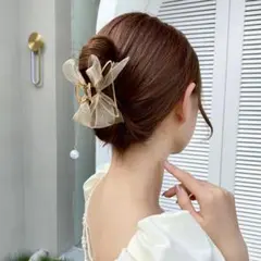 バンスクリップ ヘアアクセサリー オーガンジーリボン シャンパン ゴールド
