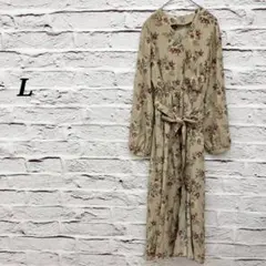 【L】 長袖ロングワンピース カシュクール風 花柄 ウエストリボン ブラウン系