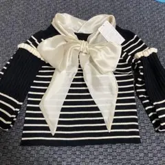 MAJESTIC LEGON 袖フリルボウタイ配色ニット ブラック