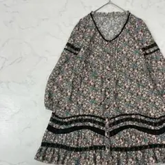 axes femme 切替 異素材 花柄 レース 長袖 ひざ丈 ワンピース M