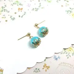 No.085☆一粒パール（アクアブルー） ピアス イヤリング マスクチャーム
