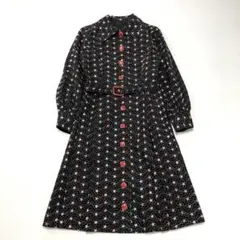 ウ*メ様 昭和レトロ花柄長袖ロングワンピース刺繍派手柄カラフル光沢生地ブラック古