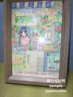 手描きイラスト　オリジナル　ハンドメイド　お店番の女の子と猫　原画　額装