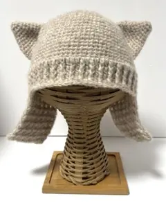 ハンドメイド(920) 手編み 猫耳ニット帽子　キッズ　ベージュ