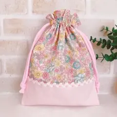 ハンドメイド 巾着 * 給食袋 コップ袋 かわいい 女の子 リボン 花柄 ピンク