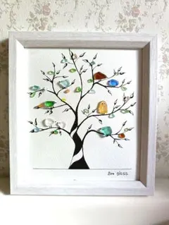 ◇Beeglass◇【木と鳥】シーグラスアート 北欧テイスト　ナチュラル