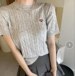 グレー ケーブルニット 半袖セーター