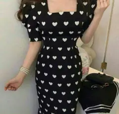 可愛い 韓国 大人気 ロングワンピース 夏 スクエアネック 半袖 ハート柄L