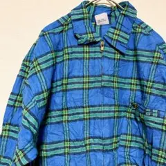 ユーロ古着✨️ジップアップ チェックシャツ ネルシャツ L相当 鮮やか ブルー
