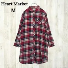 ハートマーケット 長袖 シャツ M 赤 チェック フランネル ロング丈 綿100