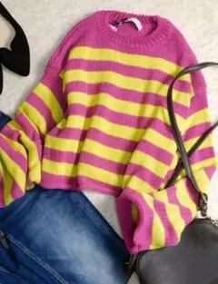 未使用 ザラ ボーダー ワイド袖 クロップド ニットプルオーバー セーター S