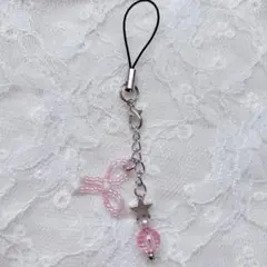 ピンク ビーズリボン y2k ビーズキーホルダー チャーム 韓国 平成女児 星