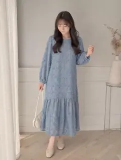 結婚式　お呼ばれ　パーティーワンピース　ジャガードロング丈　水色　ブルー　花柄