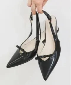 VIS スリングバックリボンミュール ポインテッドトゥ パンプス ブラック Sのサムネイル