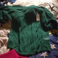 グリーン オープンニット 五分袖セーター