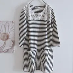 Days ストライプ レース 五分袖 トップス　ロングチュニック　白黒　フリー