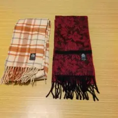 ウール100% マフラーセット 赤花柄とチェック