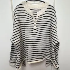 SHEIN アイボリー/ブラックボーダーセーター XXL ヘンリーネックニット
