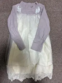 ラベンダー・ホワイト レース付きワンピース 120