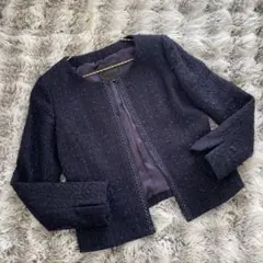 【美品】アンタイトル　ツイード　ノーカラージャケット　濃紺　3 フォーマル
