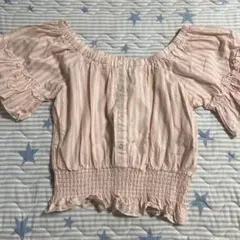 k.【Heather】オフショルダー ピンクストライプシャツ