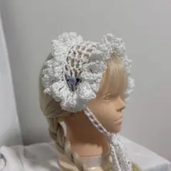 ハンドメイド ヘッドドレス フリル レース糸 薔薇 白