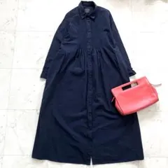 オオカミとフクロウ ロングワンピース ピンタック コットン ネイビー